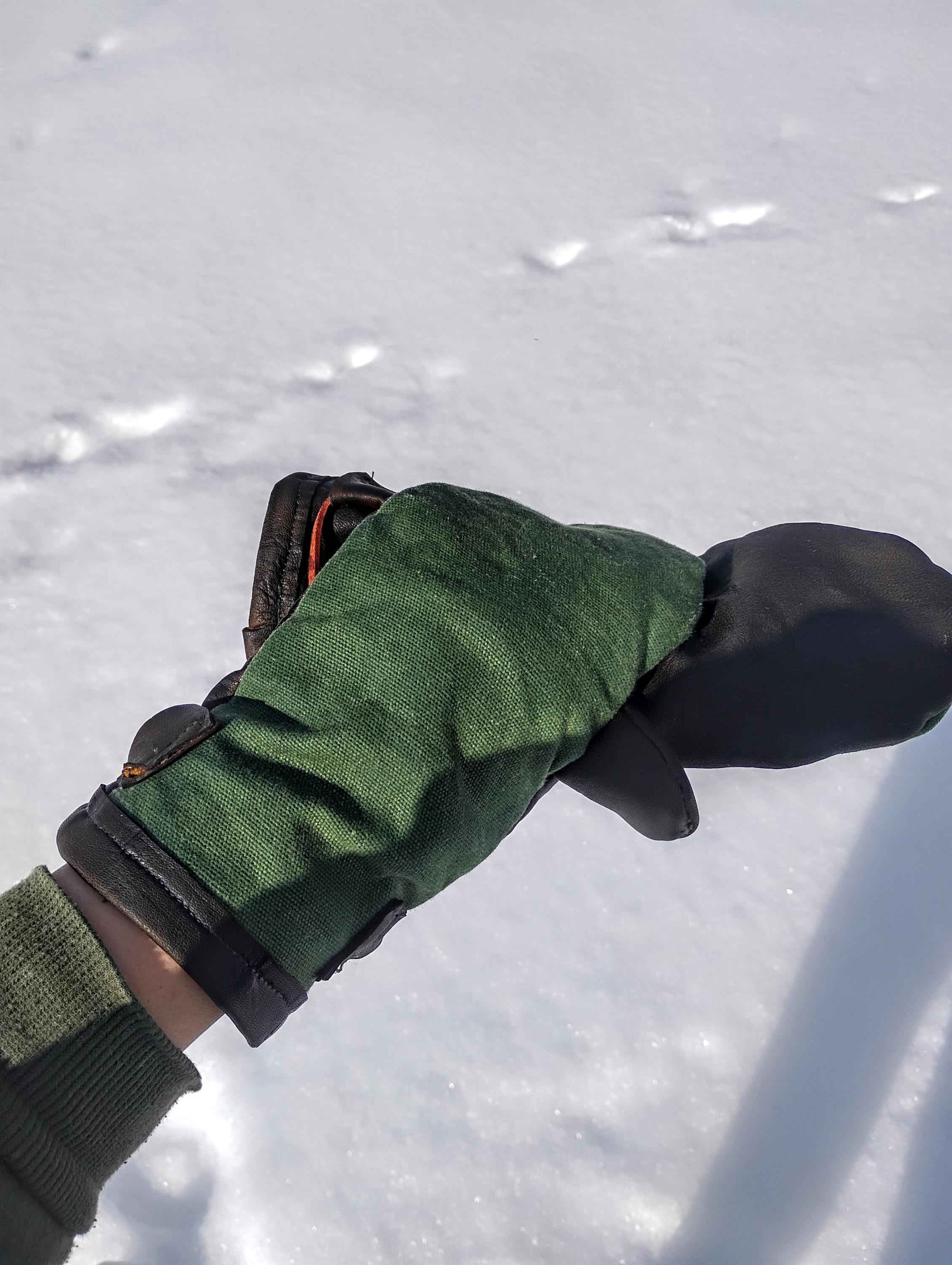 Waxed Canvas, Leather mittens.