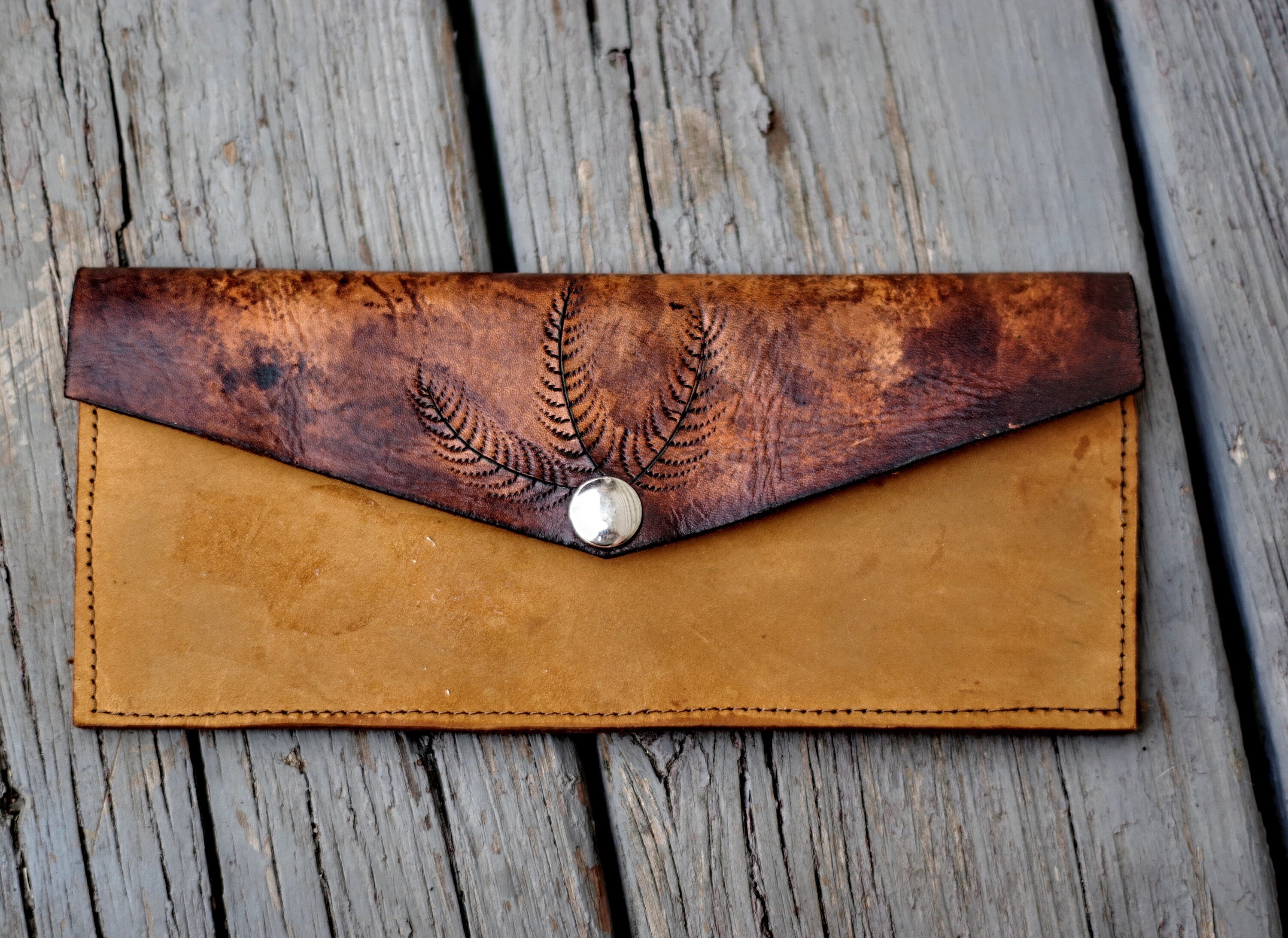 Handmade Leather Wallet with Tooled Fern Leaf Design