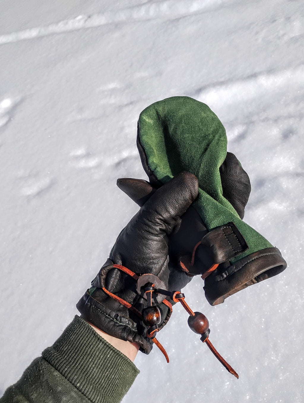 Waxed Canvas, Leather mittens.